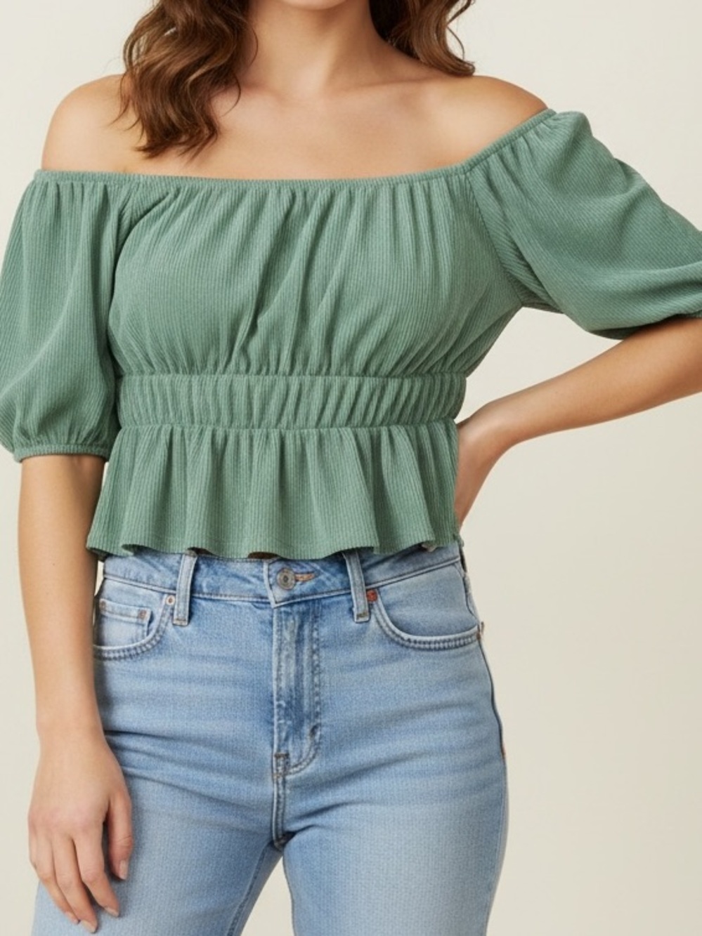 Forever 21 | LIKE NEW green peasant top puffed sleeve cropped size medium